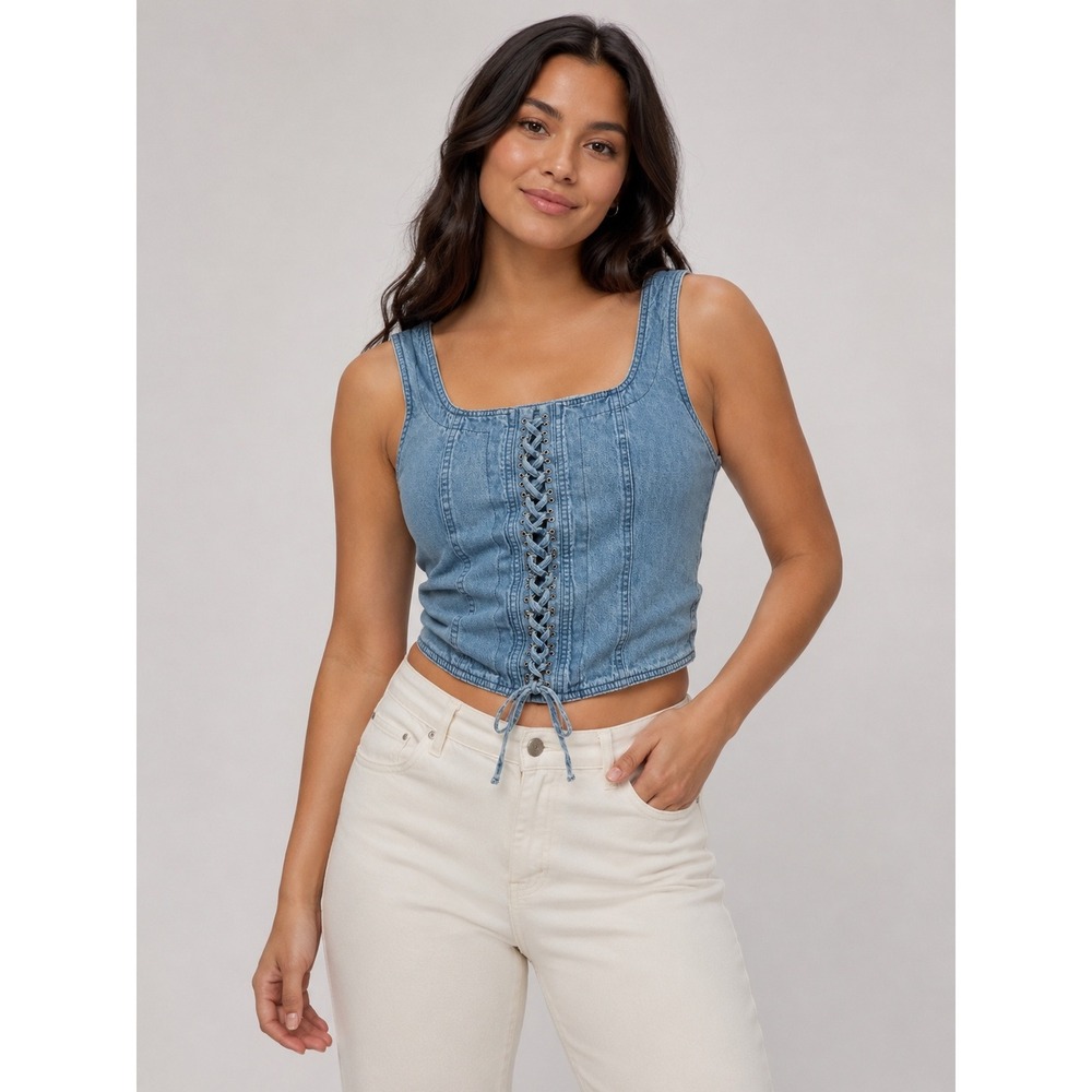 Newport News Denim Corset Top Women 6 Light Wash Lace Up Front Square Neck G0345